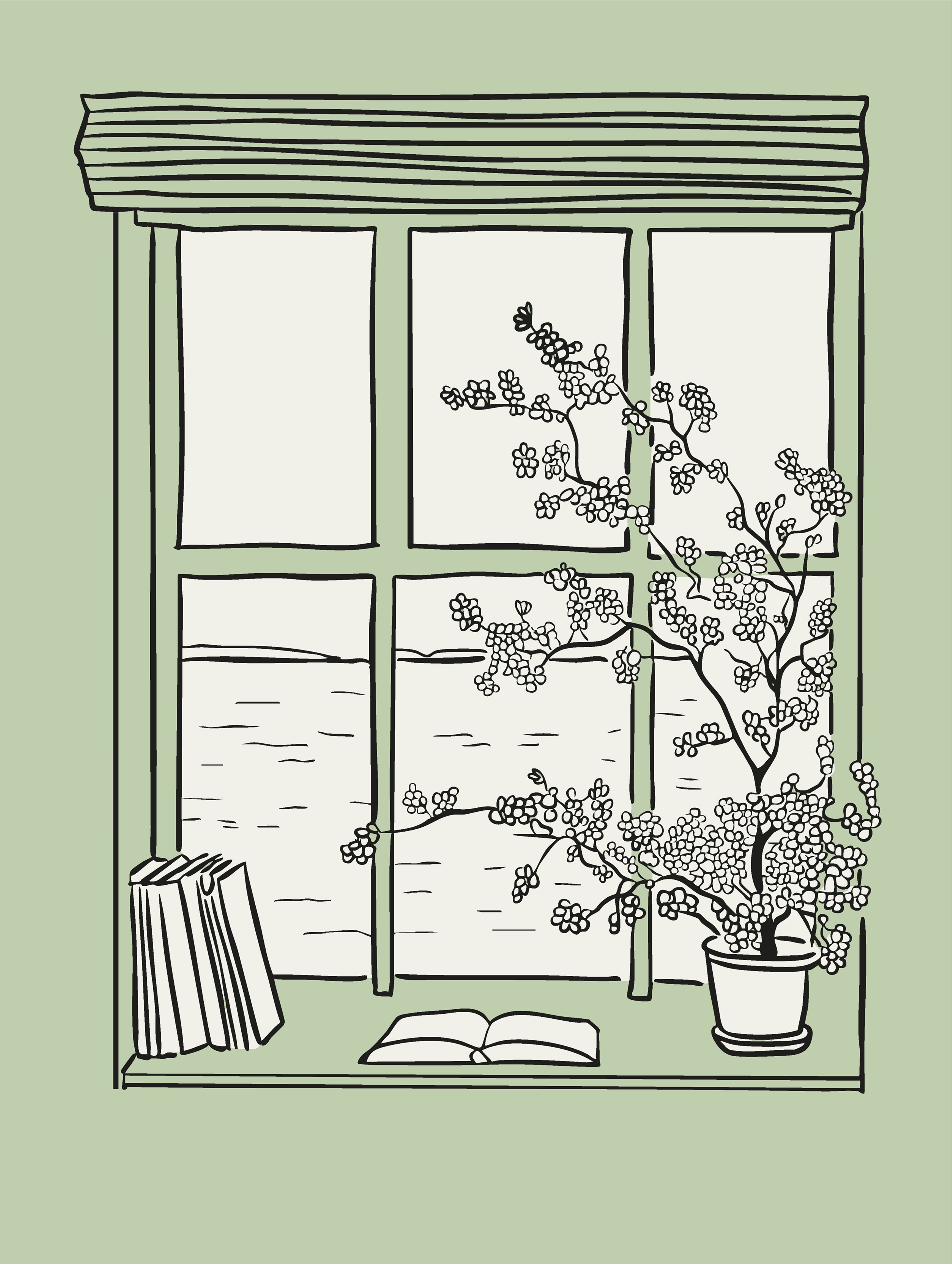 Illustrated window with cherry blossoms